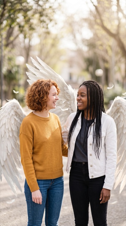 AI angel wings video: AI-generated sample scene with fictional characters