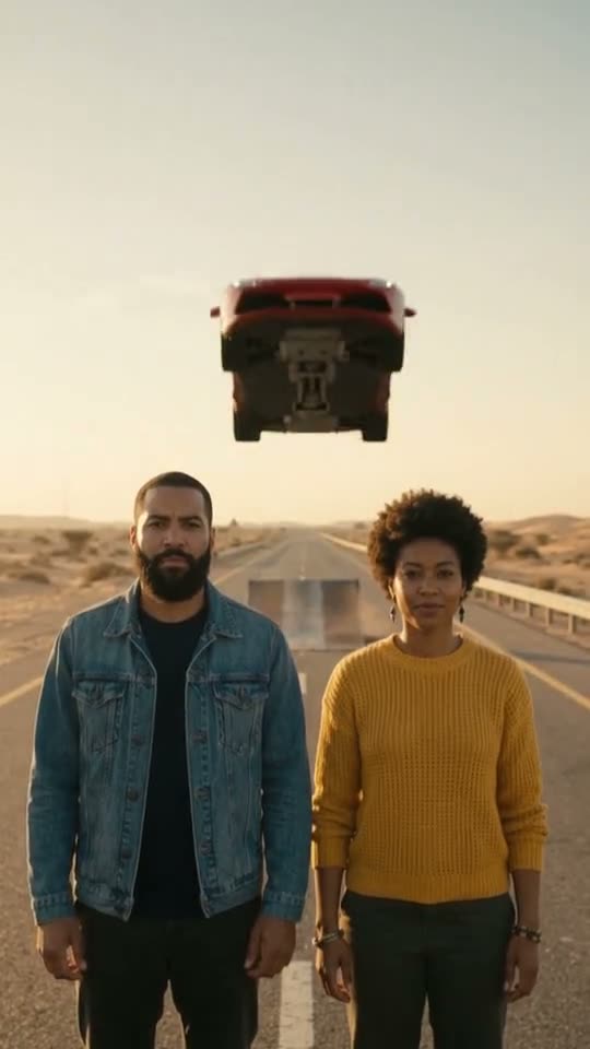 Car jump AI video: AI-generated sample scene with fictional characters