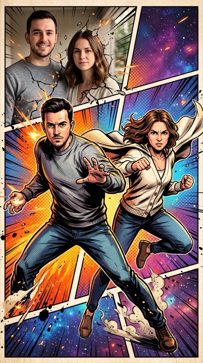 AI comic book video: AI-generated sample scene with fictional characters