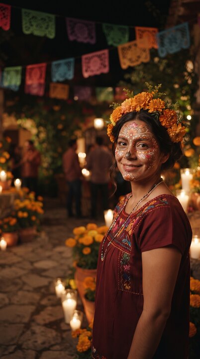 AI Día de Muertos video: AI-generated sample scene with fictional characters