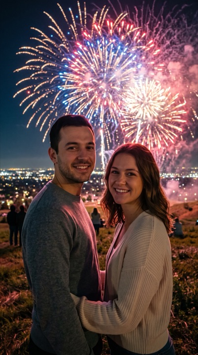 AI fireworks video: AI-generated sample scene with fictional characters