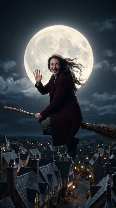 AI flying broom video: AI-generated sample scene with fictional characters