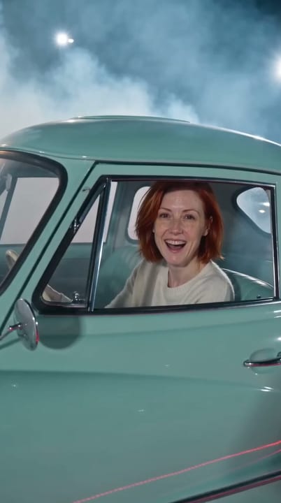 Flying car AI video: AI-generated sample scene with fictional characters