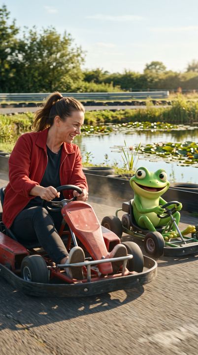 AI frog race video: AI-generated sample scene with fictional characters