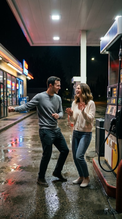 Gas station AI: AI-generated sample scene with fictional characters