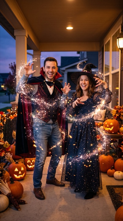 AI Halloween costume: AI-generated sample scene with fictional characters