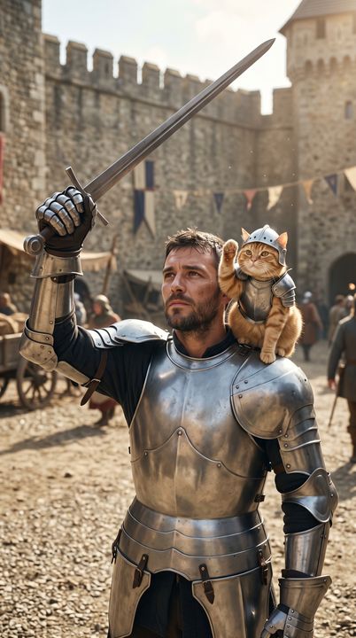 AI knight cat video: AI-generated sample scene with fictional characters