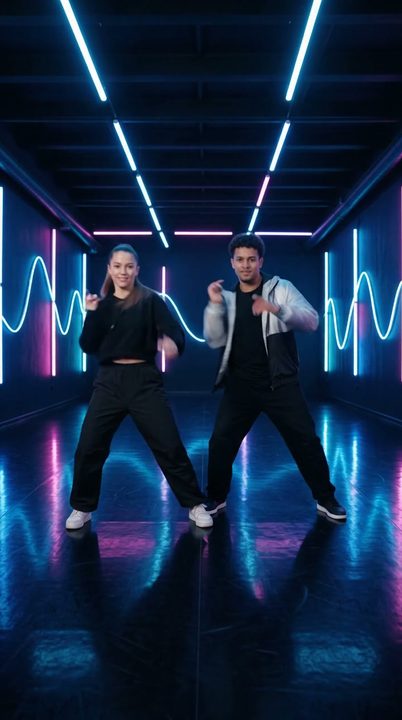 Neon dance AI video: AI-generated sample scene with fictional characters