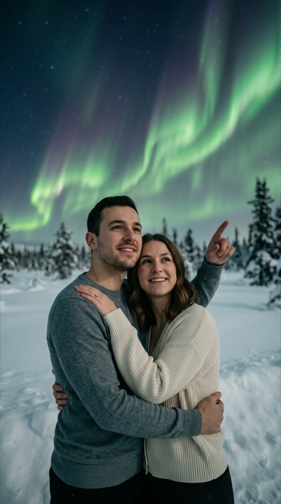 AI northern lights video: AI-generated sample scene with fictional characters