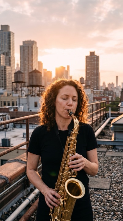 AI saxophone video: AI-generated sample scene with fictional characters